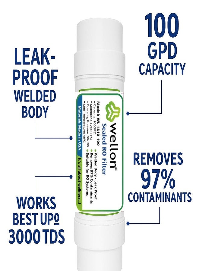 WELLON فلتر غشاء التناضح العكسي من ويلون، محكم الإغلاق (ملحوم/مخفي) | 9 بوصات | عبوة من 4 قطع | 100 جالون في اليوم | أداء عالي في إزالة المواد الصلبة الذائبة | هيكل ملحوم مانع للتسرب | يتضمن وصلات سريعة - Image 2